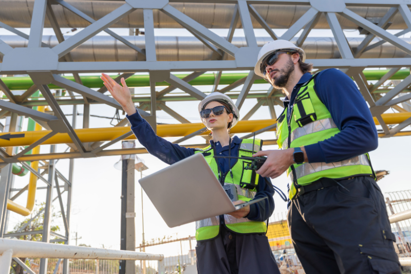 Ingenieros revisando procesos en planta industrial dentro de la cadena de valor industrial y proyectos de I+D+i