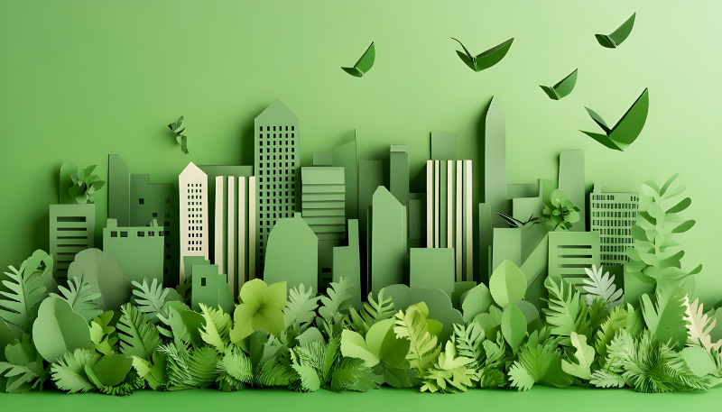 Ciudad ecológica con edificios y vegetación en tonos verdes que simboliza el estándar VSME y la sostenibilidad en pymes dentro de la cadena de valor ESG.