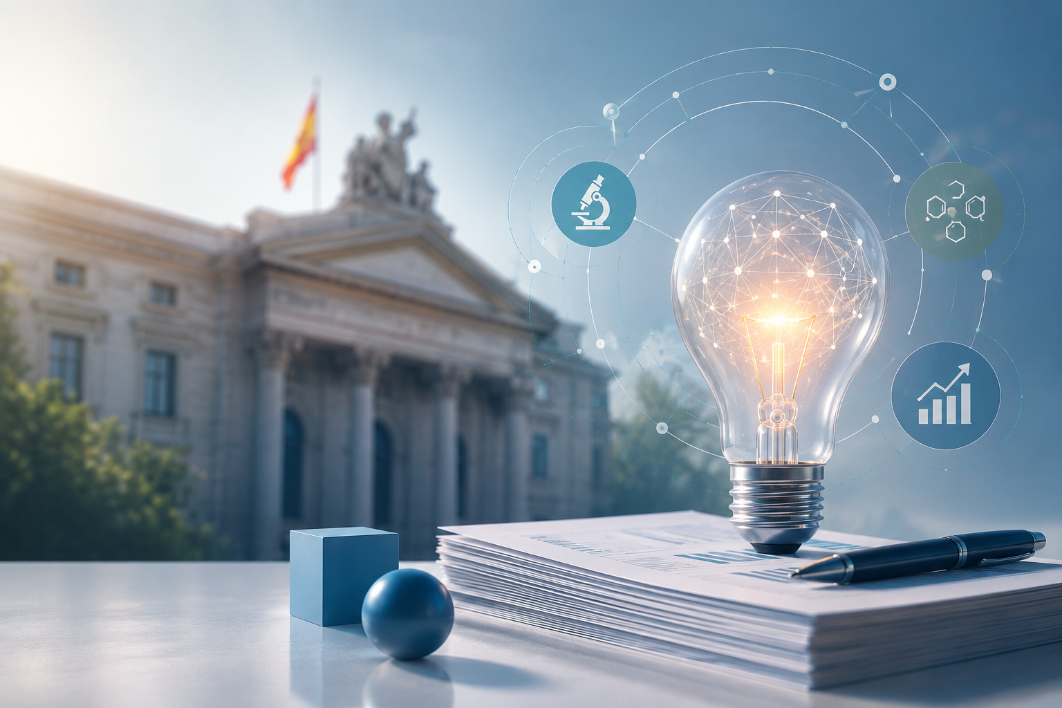 Ilustración conceptual sobre innovación y seguridad jurídica, con una bombilla tecnológica rodeada de iconos científicos y empresariales frente a un edificio institucional desenfocado, representando las deducciones fiscales por I+D+i y el papel de los Informes Motivados Vinculantes.