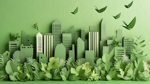 Ciudad ecológica con edificios y vegetación en tonos verdes que simboliza el estándar VSME y la sostenibilidad en pymes dentro de la cadena de valor ESG.