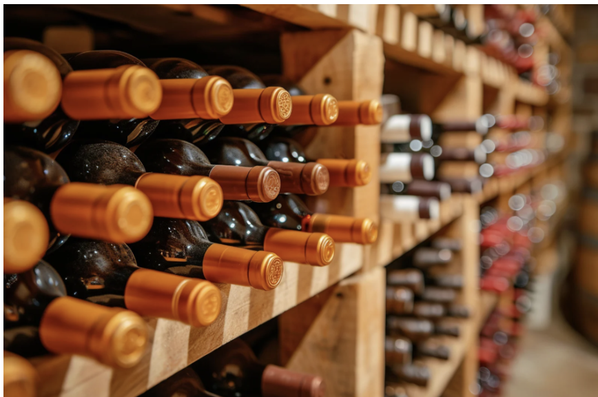 Botellas de vino almacenadas en bodega como representación del proceso de certificación vegana VeG WINE para vino vegano